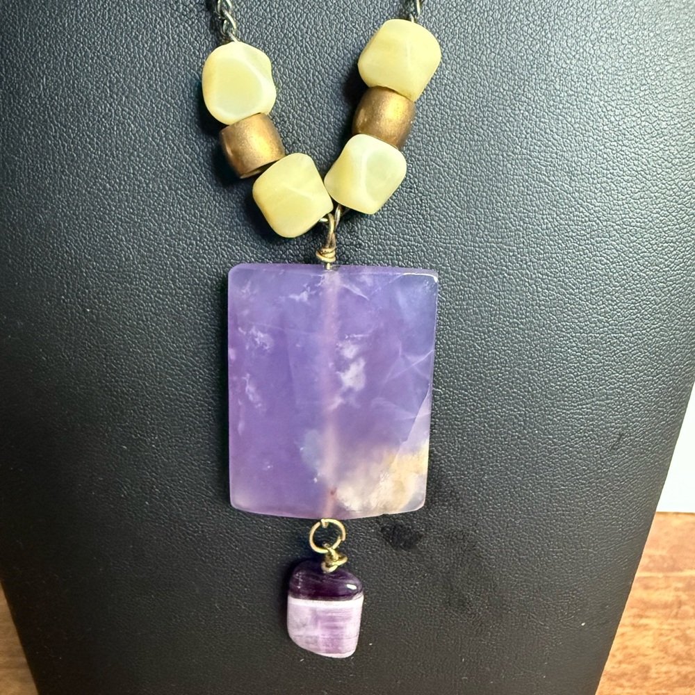 Vintage Purple Amethyst Necklace with Pale Jadeite and Brass Beads